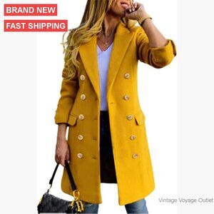 Wool Blend Pea Coat Double Breasted Knee Length Trench Winter Coat